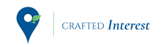 Logo for Crafted Interest, a blue pin with a small leaf cluster and a white dot in the middle, a small thin green line, and the words Crafted Interest in two stylized fonts
