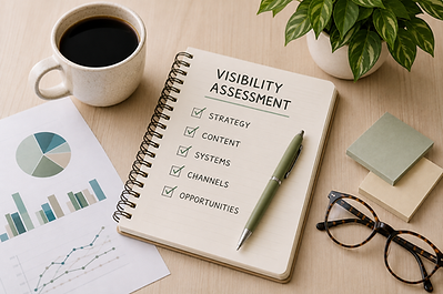 Visibility Assessment image: Visibility assessment checklist with strategy, content, systems, channels, and opportunities beside business planning materials.