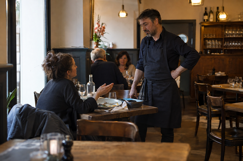 Een restaurantgast praat aan tafel met een medewerker