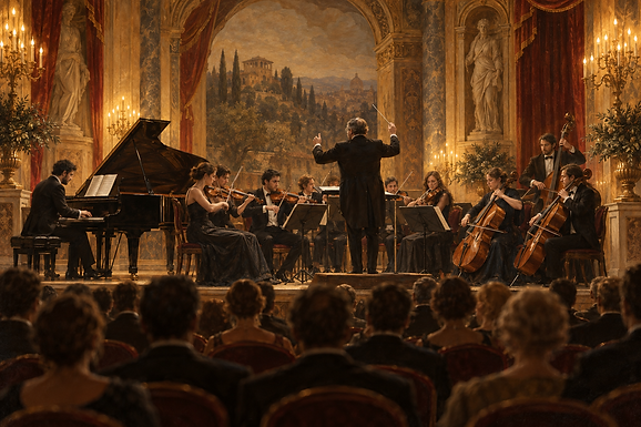Illustration d’un orchestre avec chef, cordes et piano à queue dans une salle italienne aux lumières dorées.