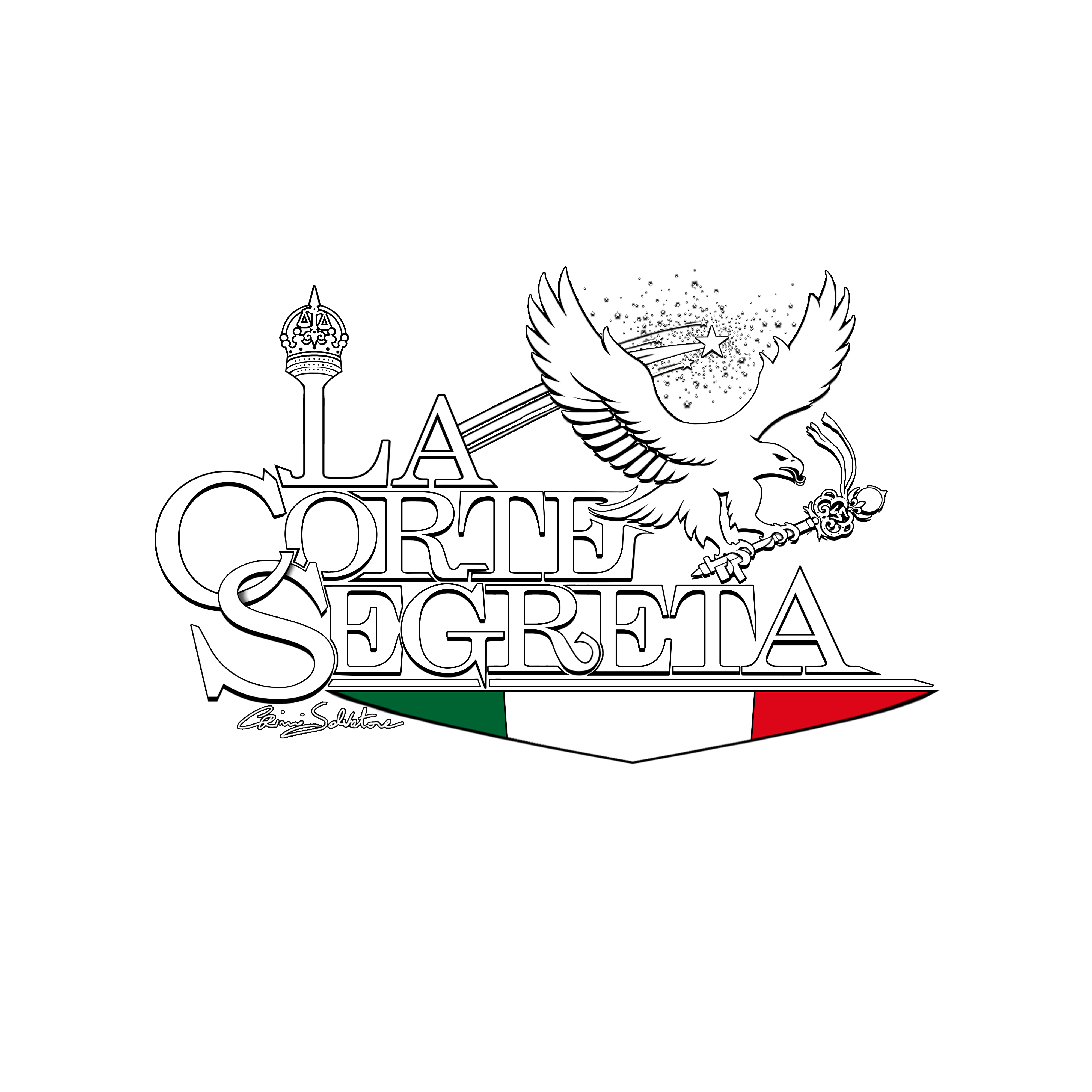 Logo de La Corte Segreta, créé par Crimi Salvatore : lettres entrelacées, couronne, aigle, clé, Trinacria et drapeau italien.