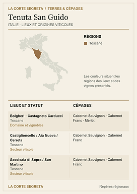 Plan des lieux viticoles et des cépages : Tenuta San Guido : le vin privé qui a changé Bolgheri