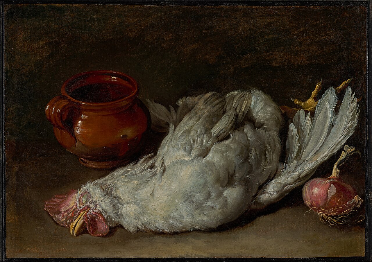 Italienisches Stillleben von Giacomo Ceruti mit einem Huhn und einer Zwiebel