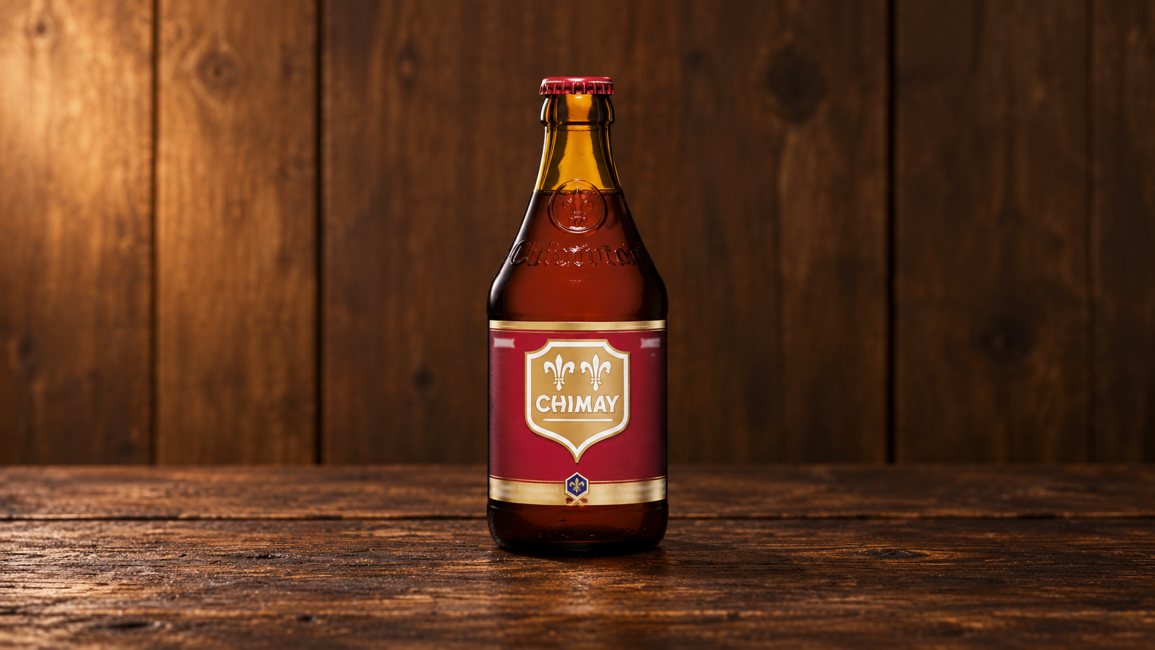 Bouteille de Chimay Rouge sur une table en bois