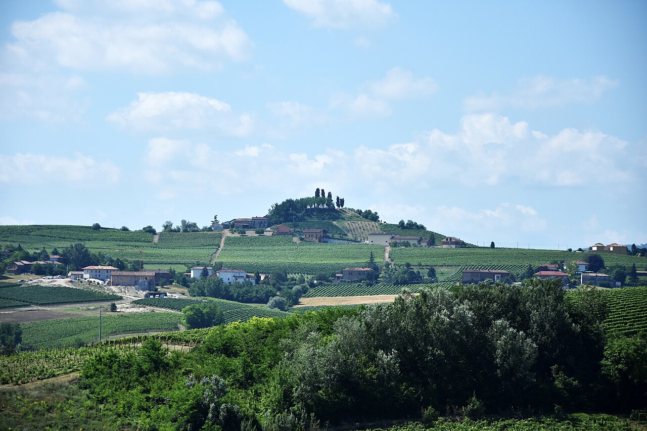 Paysage des collines et vignobles de Bricco Lù à Costigliole d’Asti, dans le Piémont. Photographie de Phyrexian.