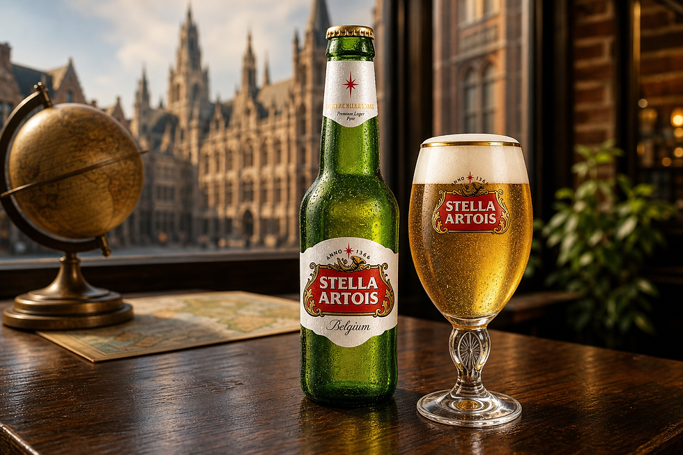 Vraie bouteille Stella Artois belge et calice officiel marqué, devant Louvain et un globe évoquant son rayonnement mondial