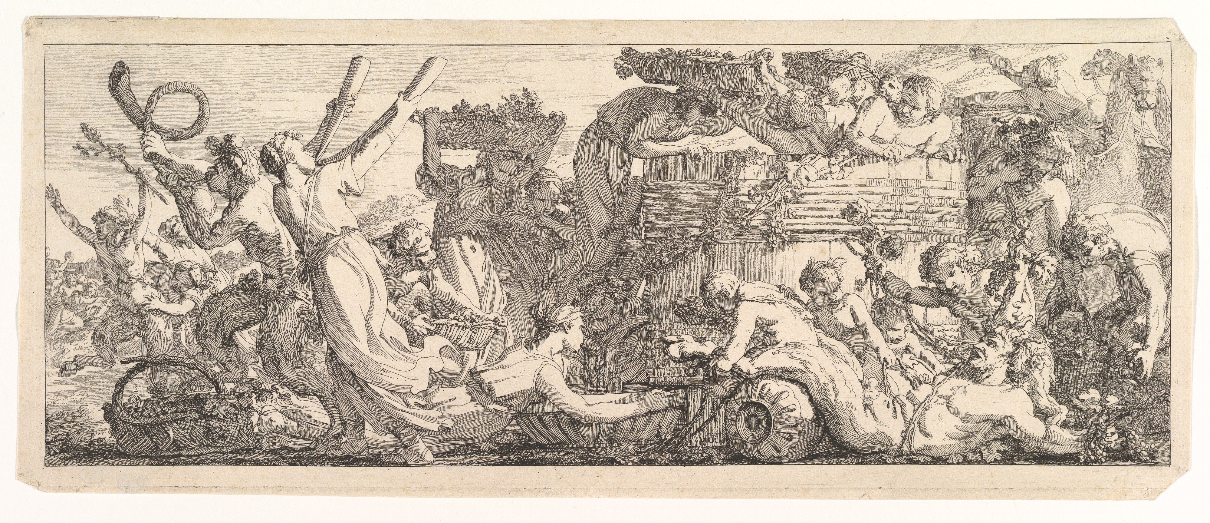 Joseph Marie Vien, The Arrival of the Wine Vat, vers 1755 : scène bachique autour d’une grande cuve en bois. Eau-forte conservée au Metropolitan Museum of Art.