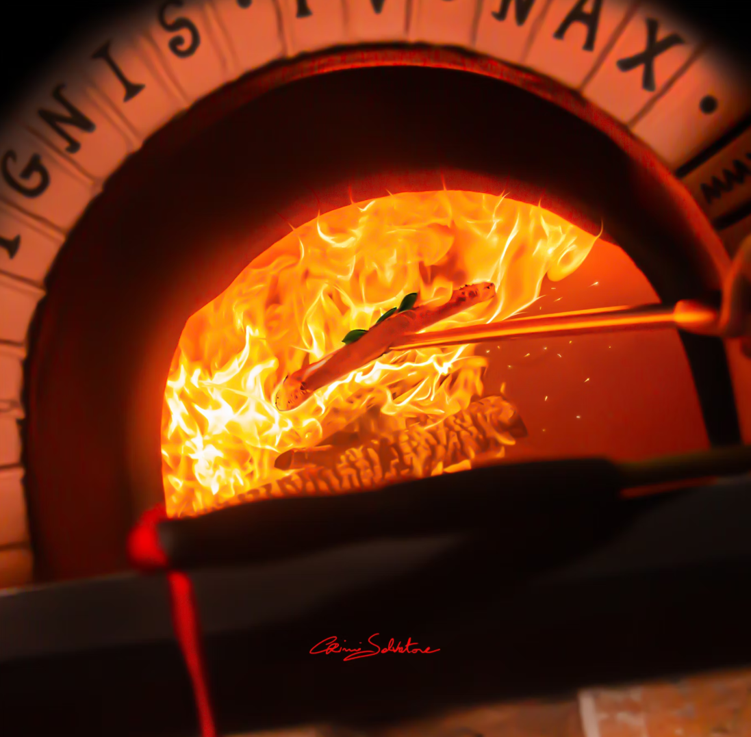 Pizza Margherita devant les flammes du four IGNIS PVGNAX de La Corte Segreta, photographie de Crimi Salvatore.