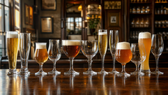 Verschillende vormen van Belgische bierglazen op een toog