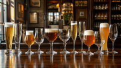 Différentes formes de verres à bière belges sur un comptoir