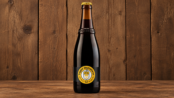 Bouteille de Westvleteren XII à capsule jaune sur une table en bois, devant un mur en bois.