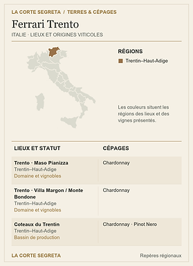 Plan des lieux viticoles et des cépages : Ferrari : les bulles de montagne et les bouteilles sauvées
