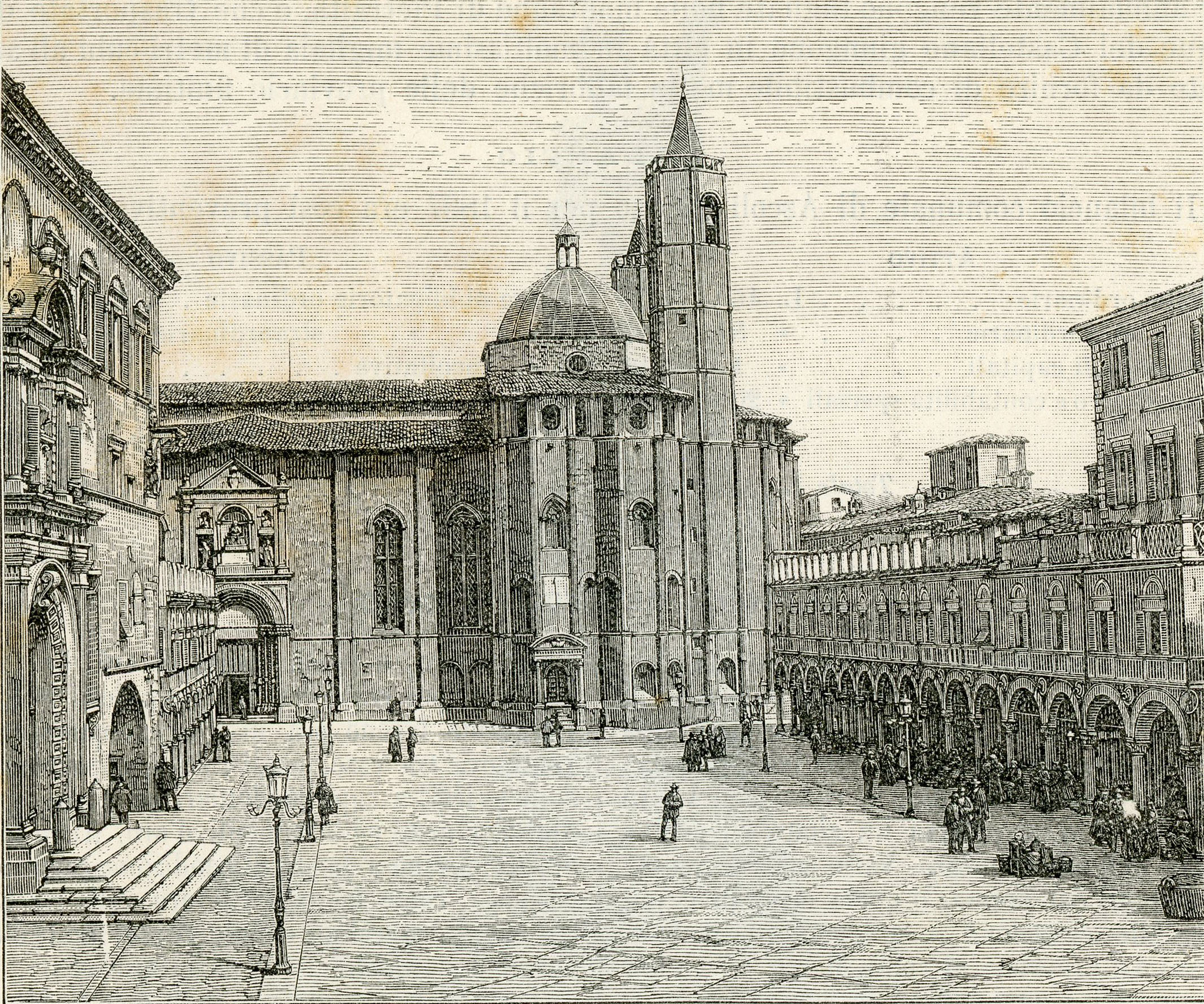 La Piazza del Popolo d’Ascoli Piceno, gravure publiée dans La patria de Gustavo Strafforello en 1898 — Wikimedia Commons, domaine public. Vue historique de la ville où Velenosi est implanté. Seconde image : régions, lieux viticoles et cépages de la maison.