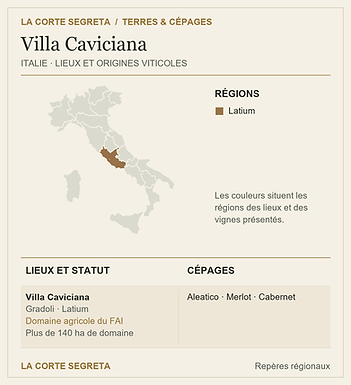 Plan des lieux viticoles et des cépages : Villa Caviciana — L’Aleatico et le paysage transmis au FAI