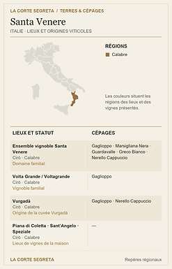 Plan des lieux viticoles et des cépages : Santa Venere : la mémoire d’une terre de Cirò