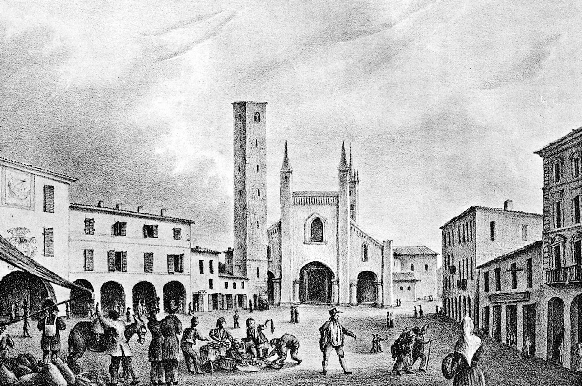 Alba et la cathédrale San Lorenzo en 1839 — dessin de Clemente Rovere, numérisation CoBiS / Wikimedia Commons, CC BY 4.0. Vue historique de la ville où Prunotto est implanté. Seconde image : régions, lieux viticoles et cépages de la maison.