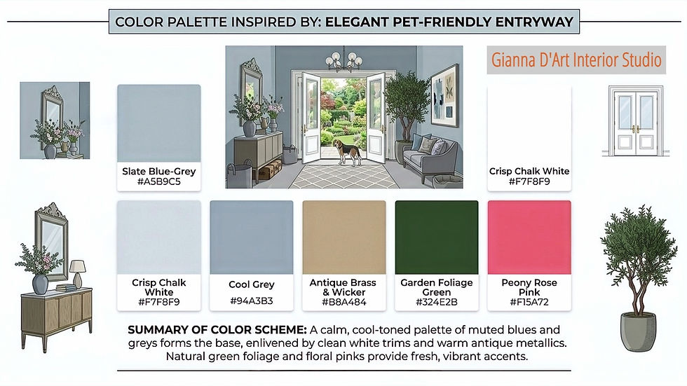 Interior design colour palette for an elegant entryway featuring Slate Blue-Grey, Cool Grey, Crisp Chalk White, Antique Brass, Garden Foliage Green, and Peony Rose Pink with hex codes.