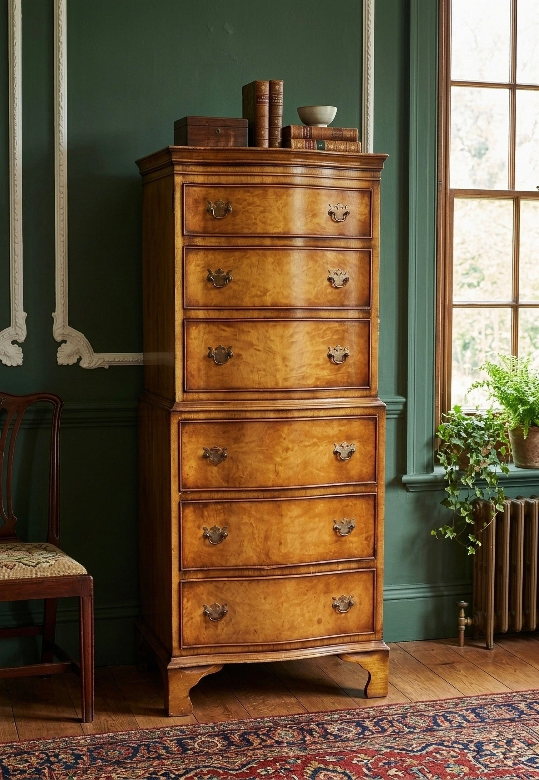 Stunning Reprodux Walnut Burr Tallboy Chest With Serpentine Front