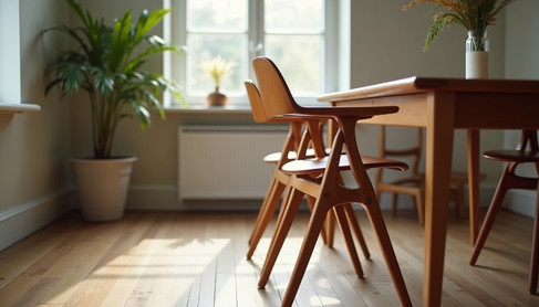 Eye-level view of an Ercol dining chair beside a wooden dining table
