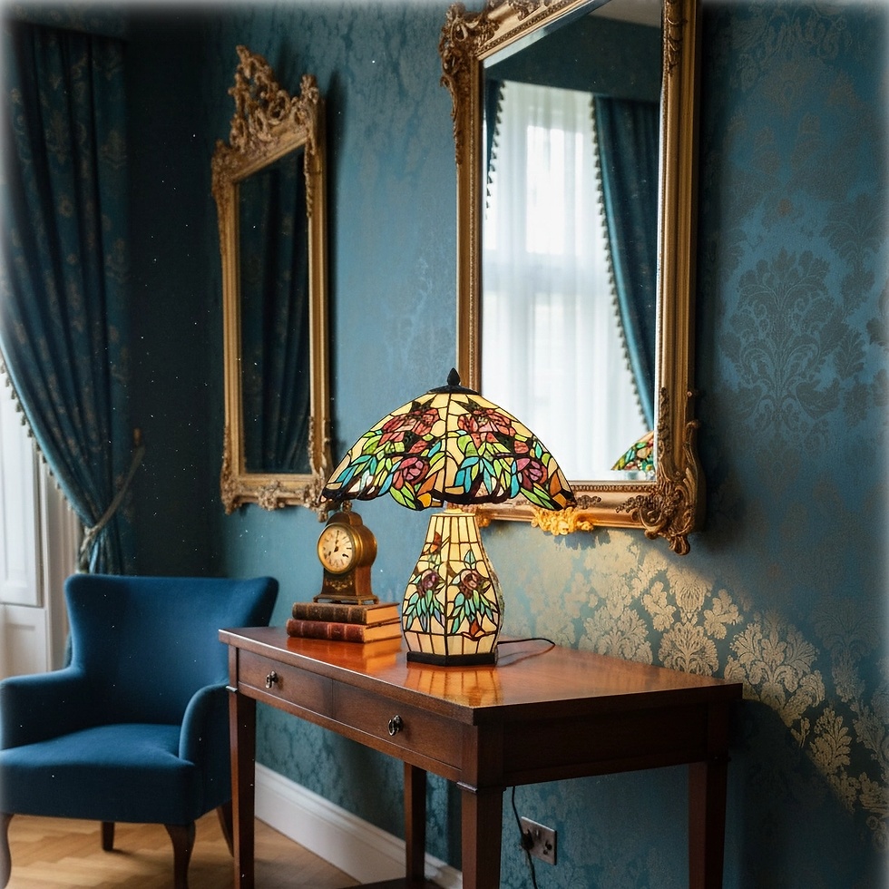 Thumbnail: Rare Large Tiffany-Style 3-Light Hummingbird Table Lamp with Illuminated Base