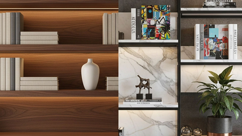 The left slimline sleek wood shelving unit embodies a minimalist approach with clean lines and a focus on functionality. In contrast, the right image features a contemporary design that artfully combines marble and wood, creating a luxurious yet practical aesthetic that enhances the overall ambiance of the space.