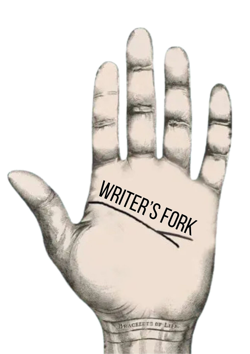 Vintage-style illustration of an open palm showing the Writer's Fork marking in palmistry, with "WRITER'S FORK" text overlay and "BRACELETS OF LIFE" labelled at the wrist