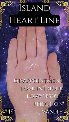 "Hand showing island on Heart Line against starry purple backdrop"