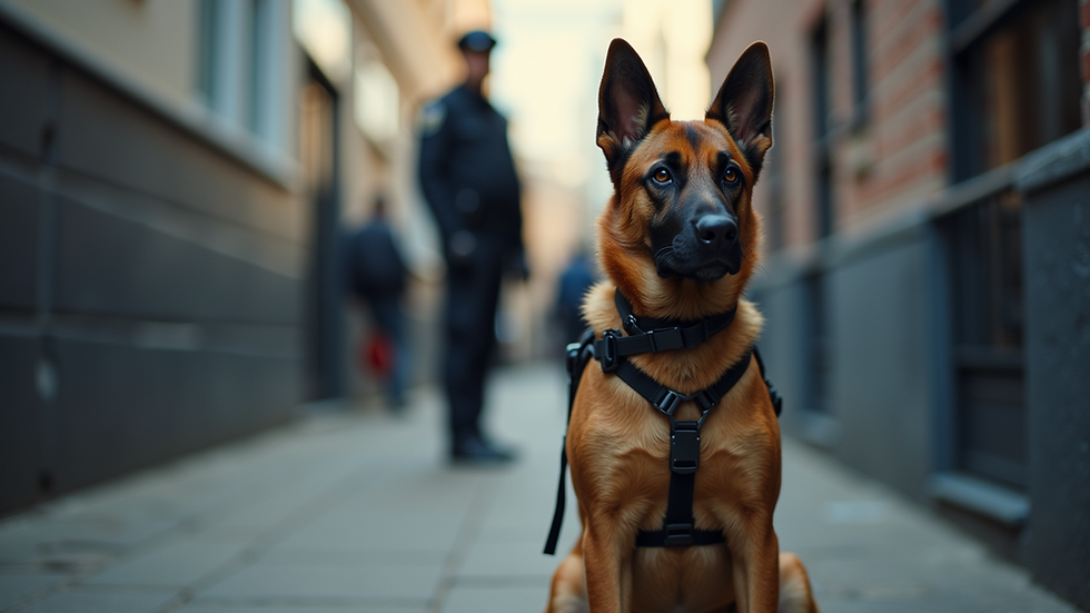 Eye-level view of a police K9 dog sitting attentively beside its handler