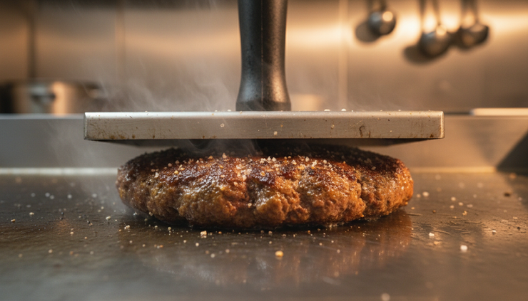 Close-up of a smashed Angus burger patty with a crisp browned crust on a griddle