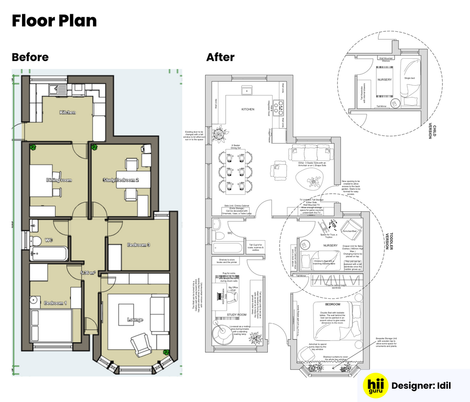 Before: Closed kitchen layout & minimal spacial planning

After:  Open plan kitchen and thorough planning for every square inch