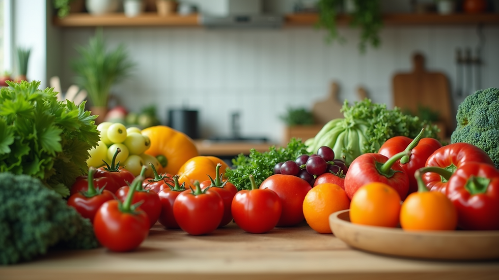 Eye-level view of a vibrant kitchen filled with fresh fruits and vegetables