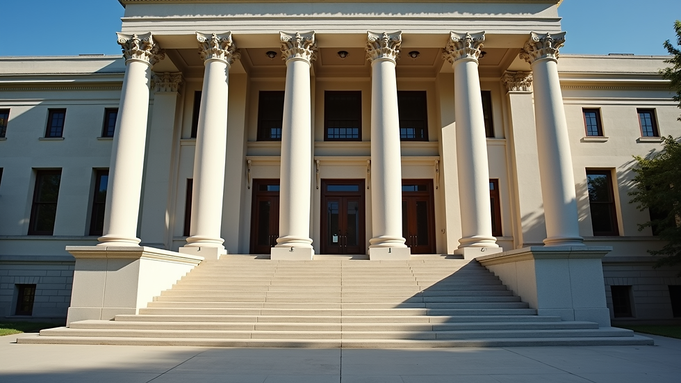 Eye-level view of a courthouse entrance with steps and columns