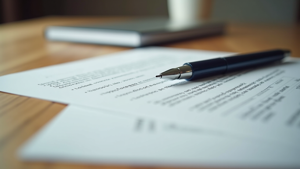 Close-up view of legal documents and a pen on a wooden table