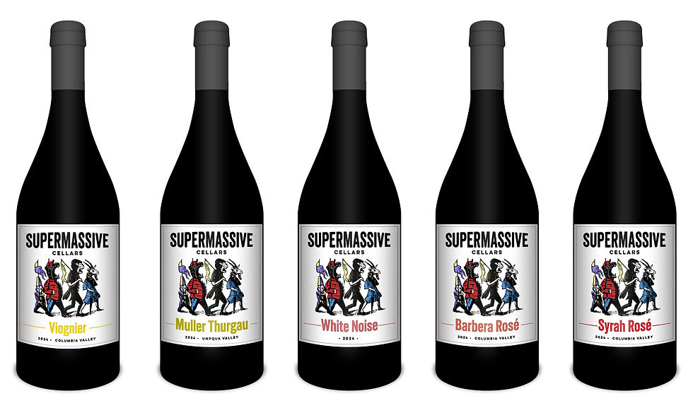 Lineup of five Supermassive Cellars wines featuring illustrated labels with marching anthropomorphic animal characters. Bottles shown are Viognier, Müller Thurgau, White Noise, Barbera Rosé, and Syrah Rosé from the 2024 vintage.