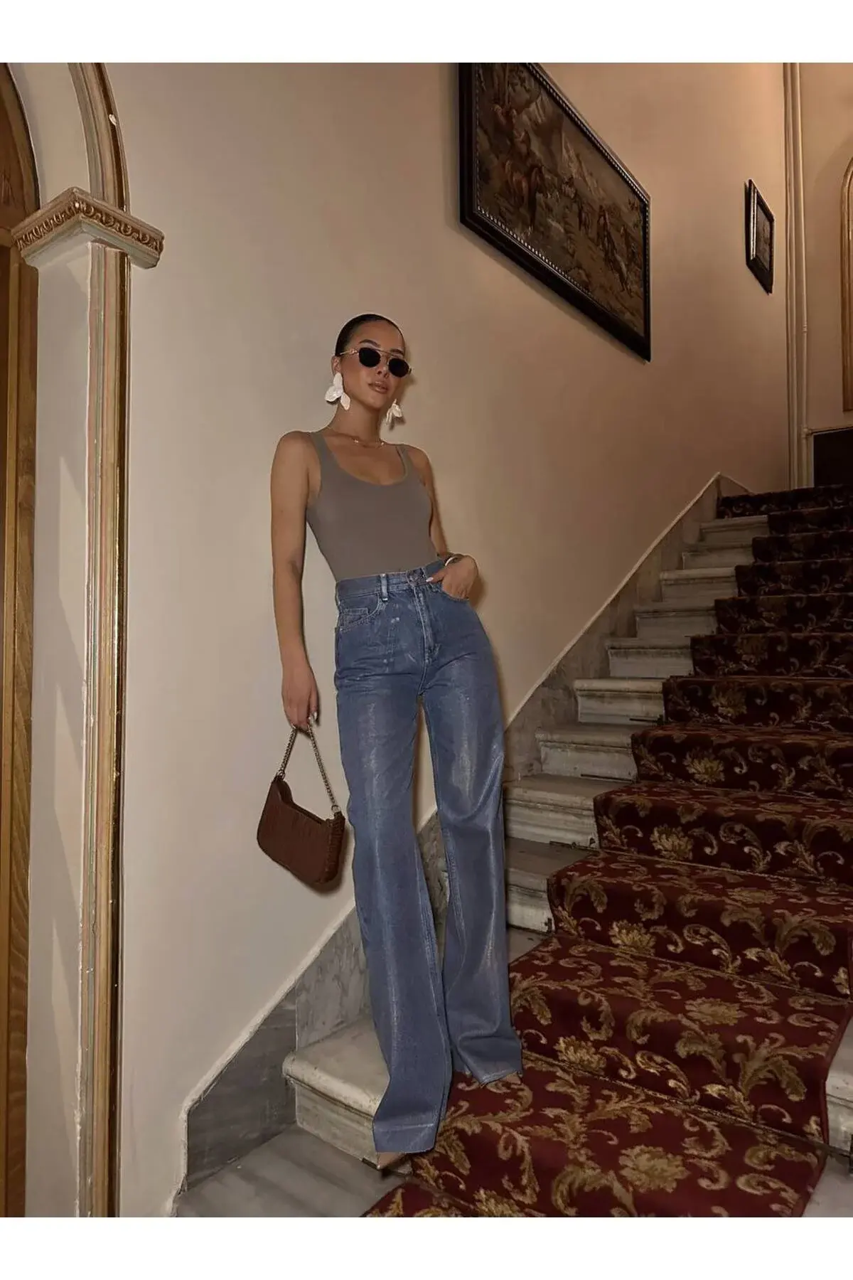 YÜKSEK BEL PARLAK JEAN BOL PAÇA KOT PANTOLON