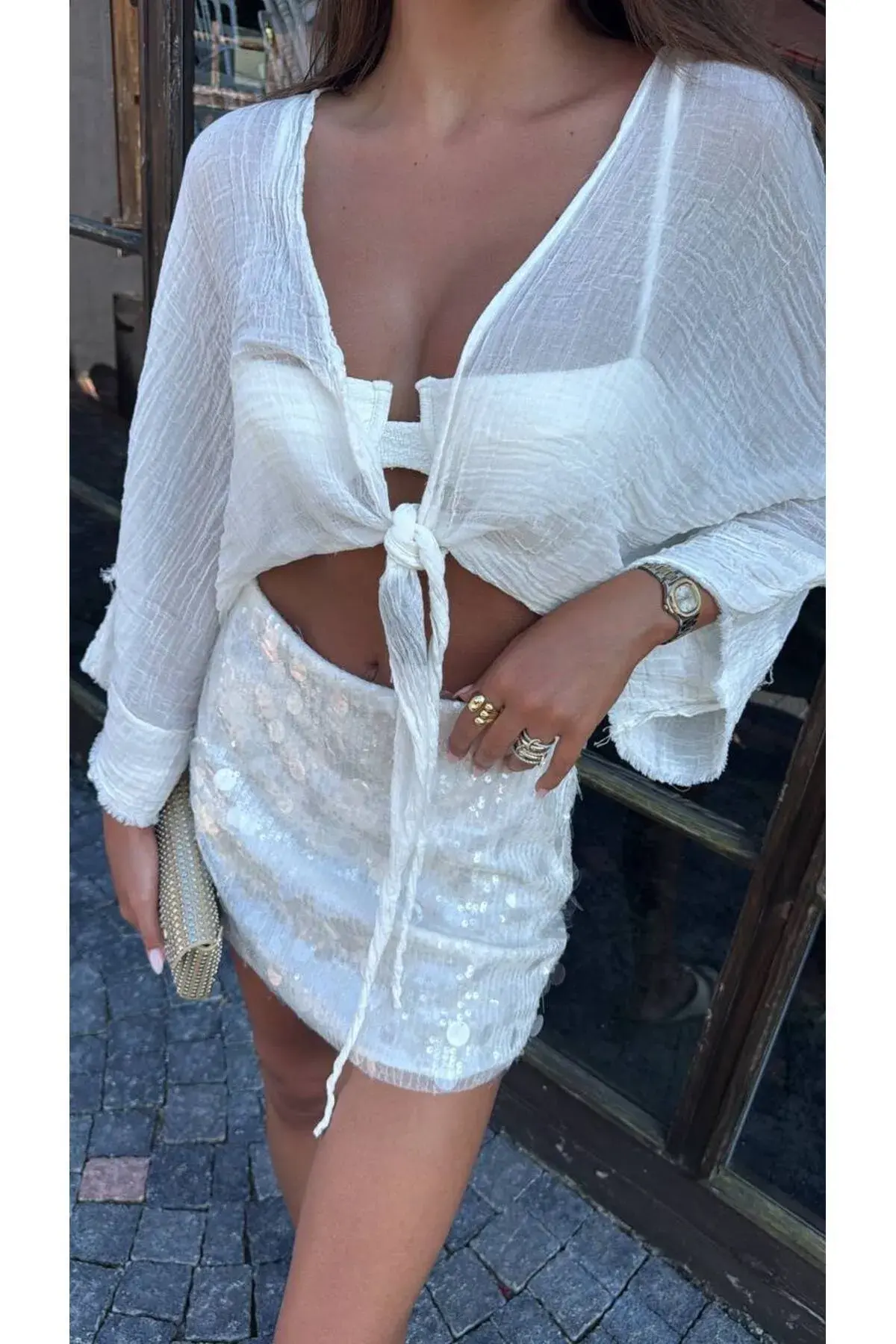 PULLU PAYETLİ PARLAK KISA MİNİ ETEK