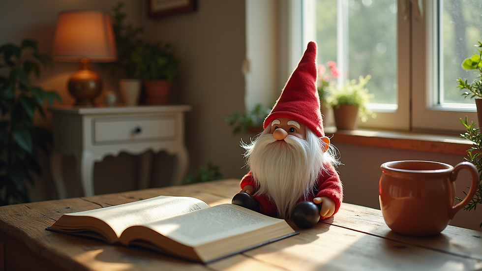 High angle view of a whimsical gnome setup on a decorative table