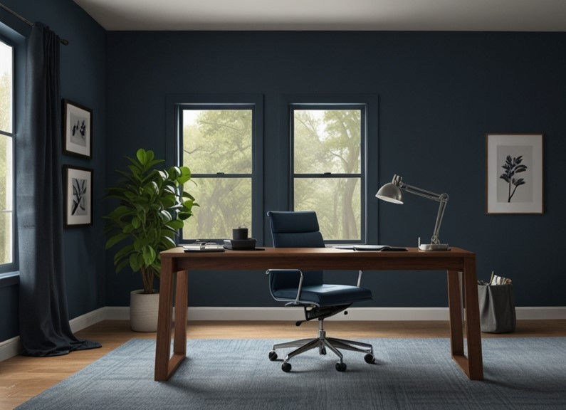 A calm Dusk Blue Contemporary minimalist office