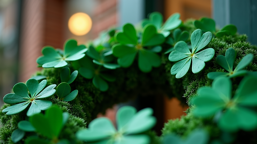 Eye-level view of a vibrant green St. Patrick's Day wreath adorned with shamrocks