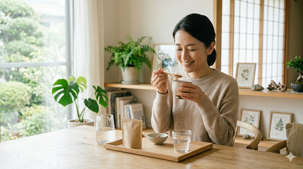 女性がナチュラルな室内でカップやスプーンを持ち微笑む。植物や本が背景にあり、温かい雰囲気。明るい日差し。