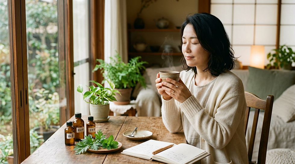 薄い色の服を着た女性が木のテーブルでリラックスしながらお茶を飲む。周囲には植物、ノート、瓶が置かれ、和やかな雰囲気。