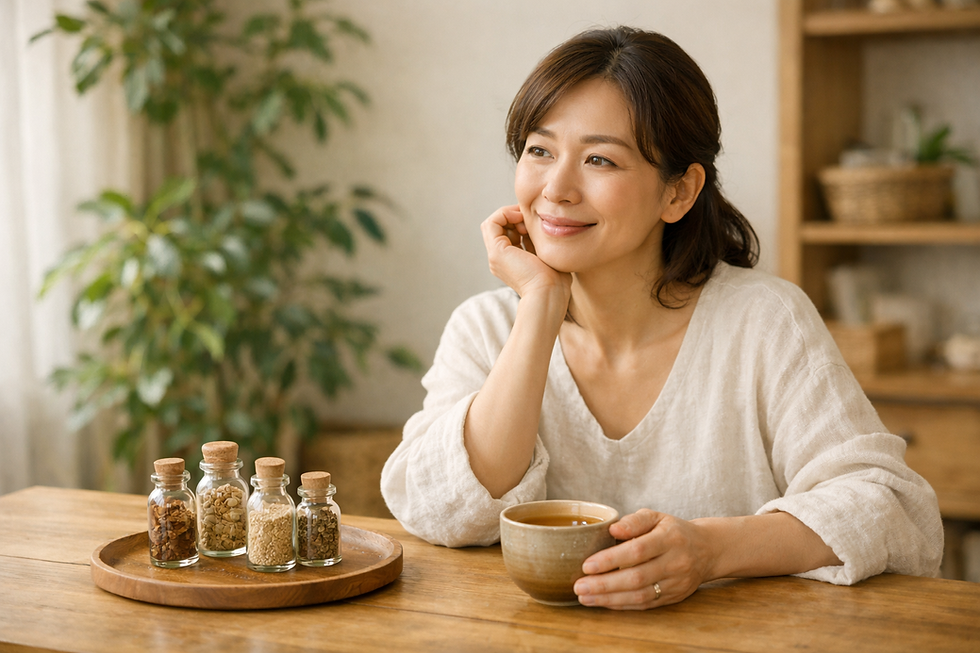 カップを手に微笑む女性。テーブルには5つの小瓶が並ぶ。背景に緑の植物と木製の棚。暖かい自然光の柔らかな雰囲気。