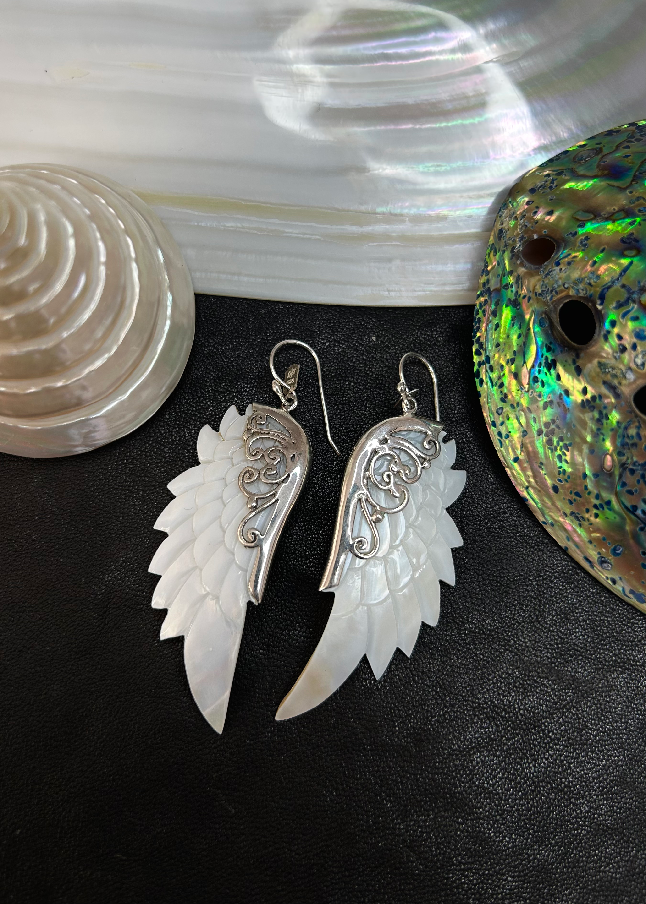 Big Ornament Wing Earrings Mother of Pearl