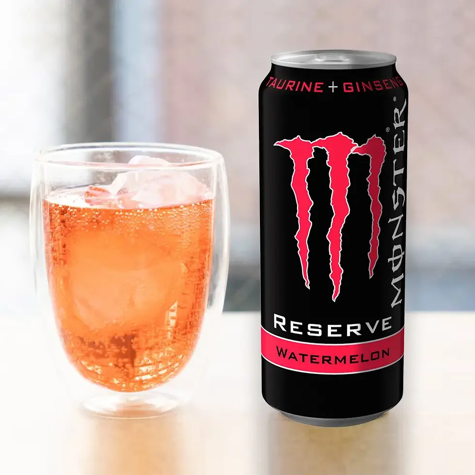 Thumbnail: Monster Energy Reserve Watermelon x 500ml Can with a Filled Glass on the Table
