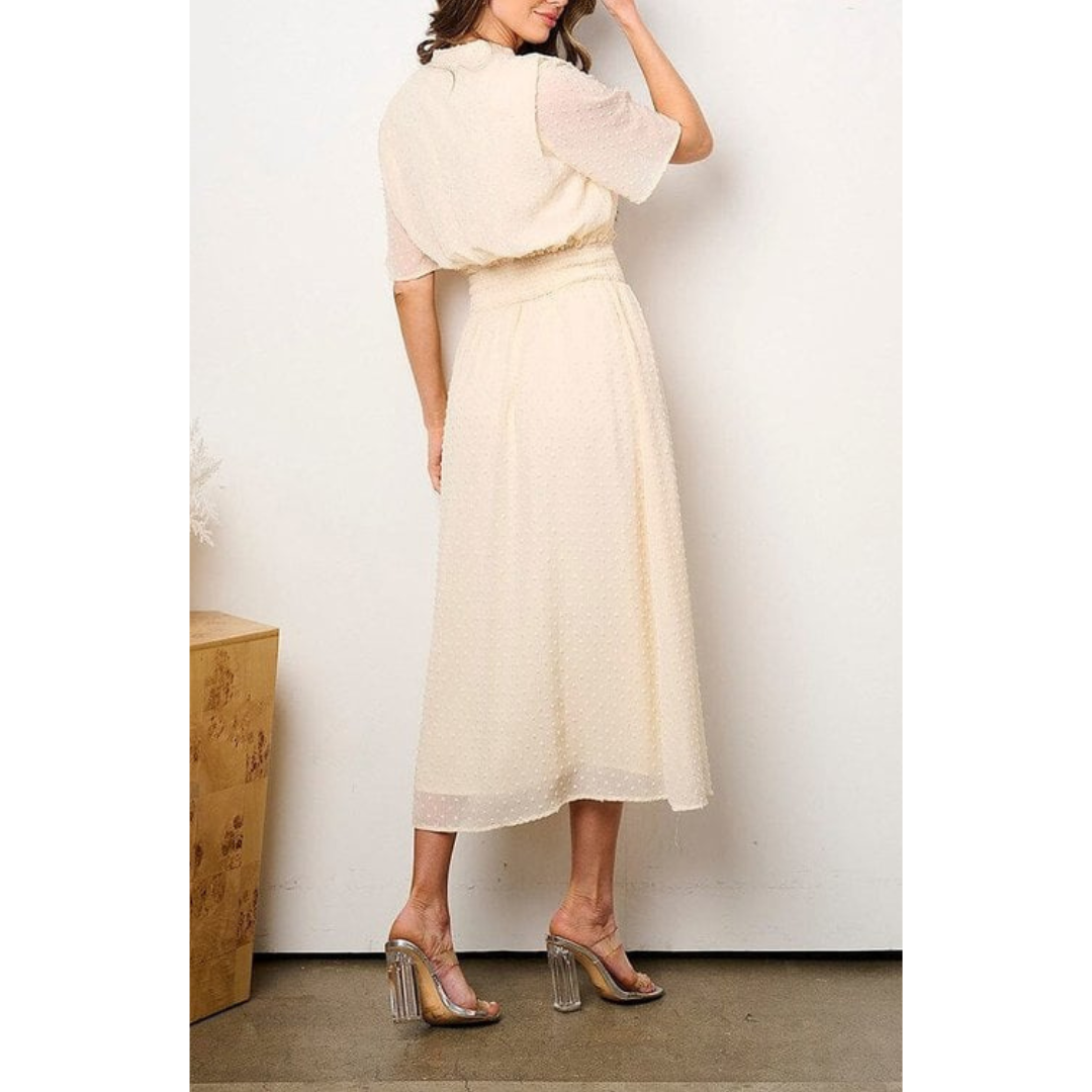 WOMEN'S SHORT SLEEVED ELASTIC WAIST MID-LENGTH FLOWY DRESS