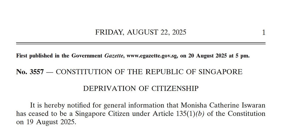 Singapore Government Gazette notice announcing Monisha Catherine Iswaran's cessation of Singapore citizenship