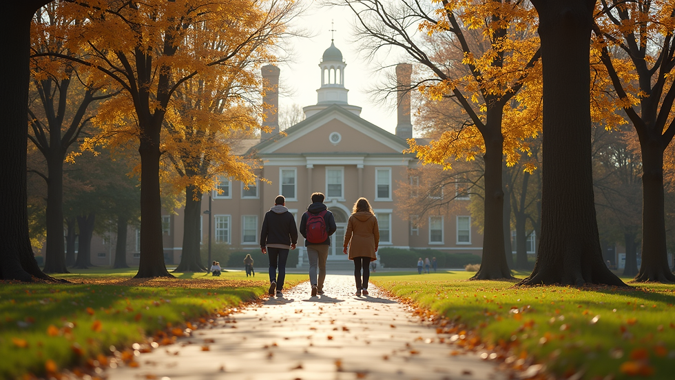 Eye-level view of a college campus with students walking