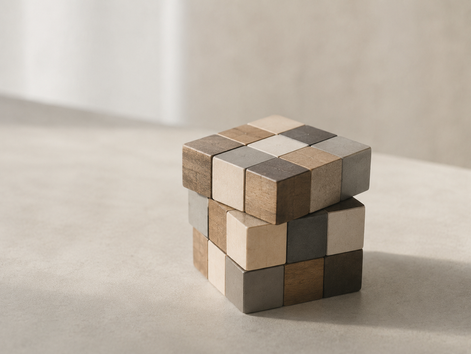 Stacked wooden cube puzzle representing choices and decision-making