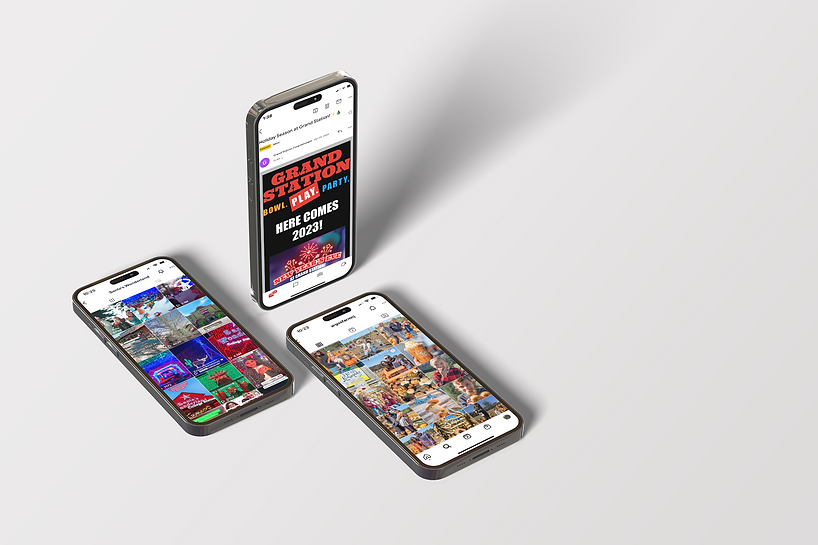 A group of three phones showcasing marekting content from Santa's Wonderland, Grand Station Entertainment, and Argos Farm, all clients of Audience Media Group.
