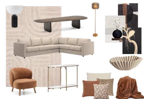 Modernt vardagsrum: soffa, bord, matta